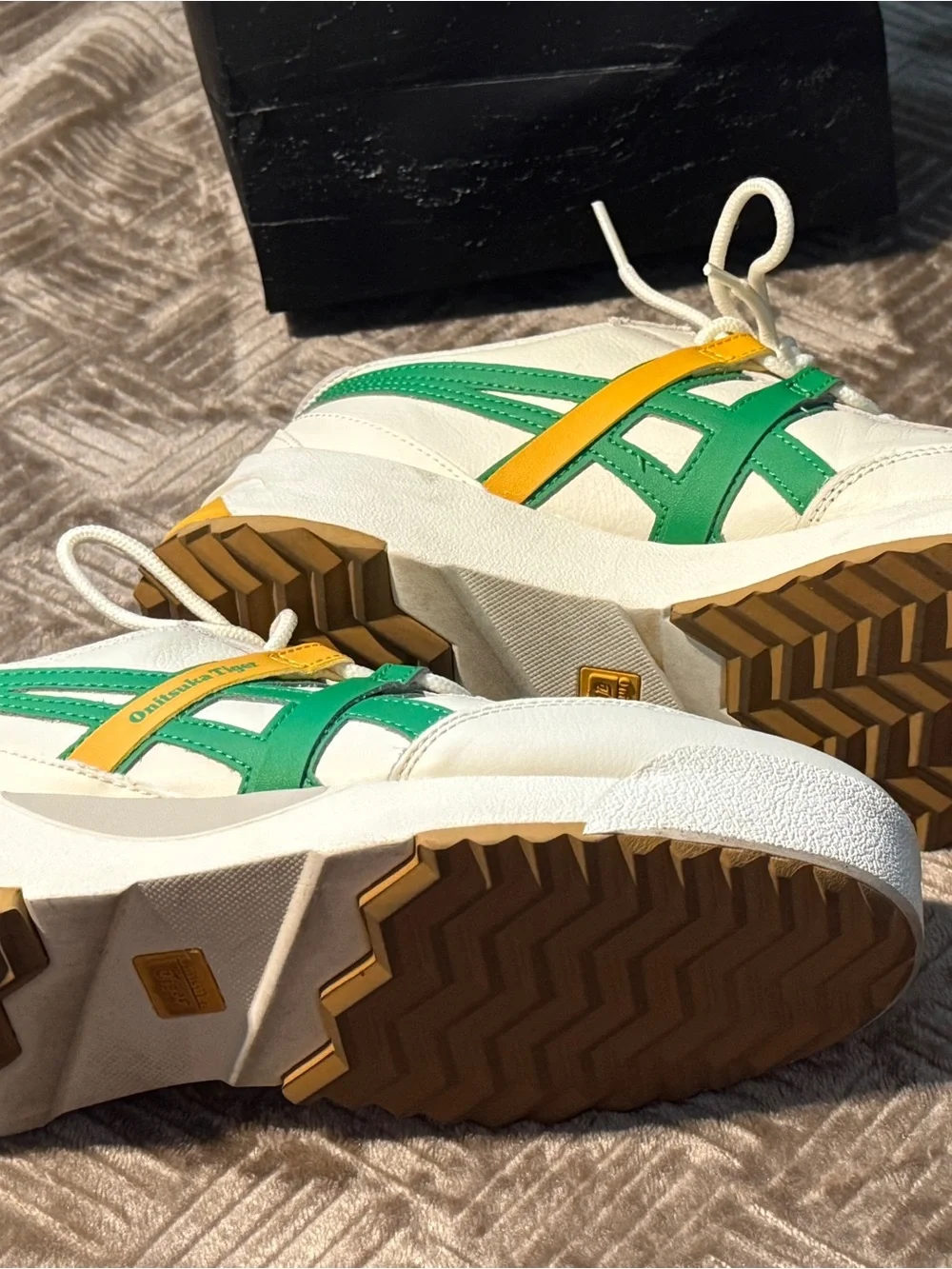 Onitsuka Tiger by Asics White Sneakers with Green & Yellow Accents